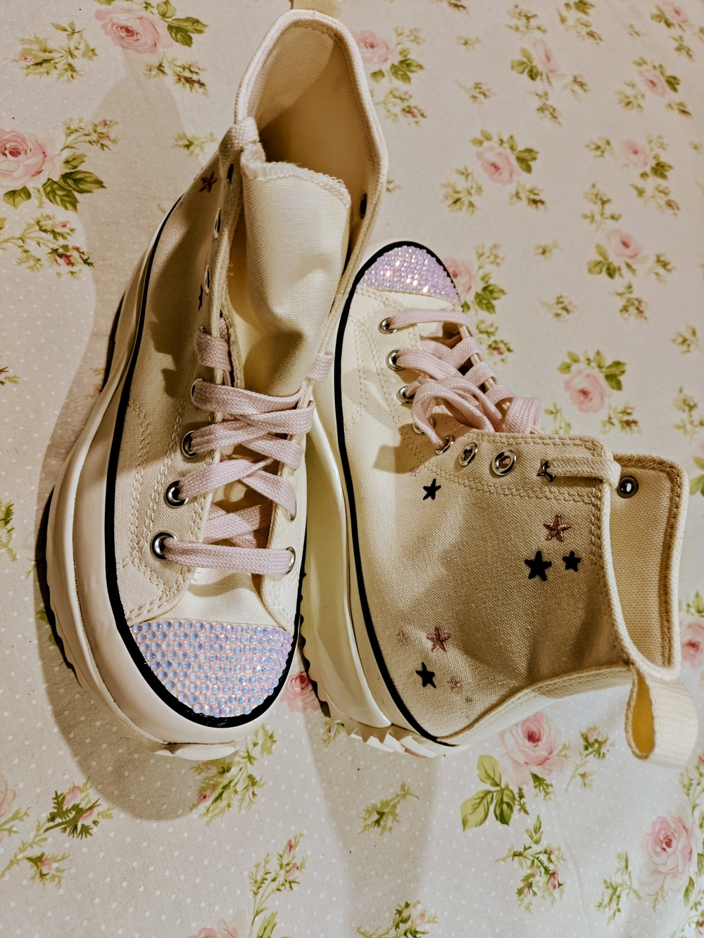 Women's White Stars Pink Laces High-Top Platform Sneakers with Rhinestone Toe 9